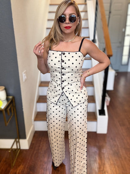 Polka dot camisole and pants set with button-front top and matching straight-leg pants
