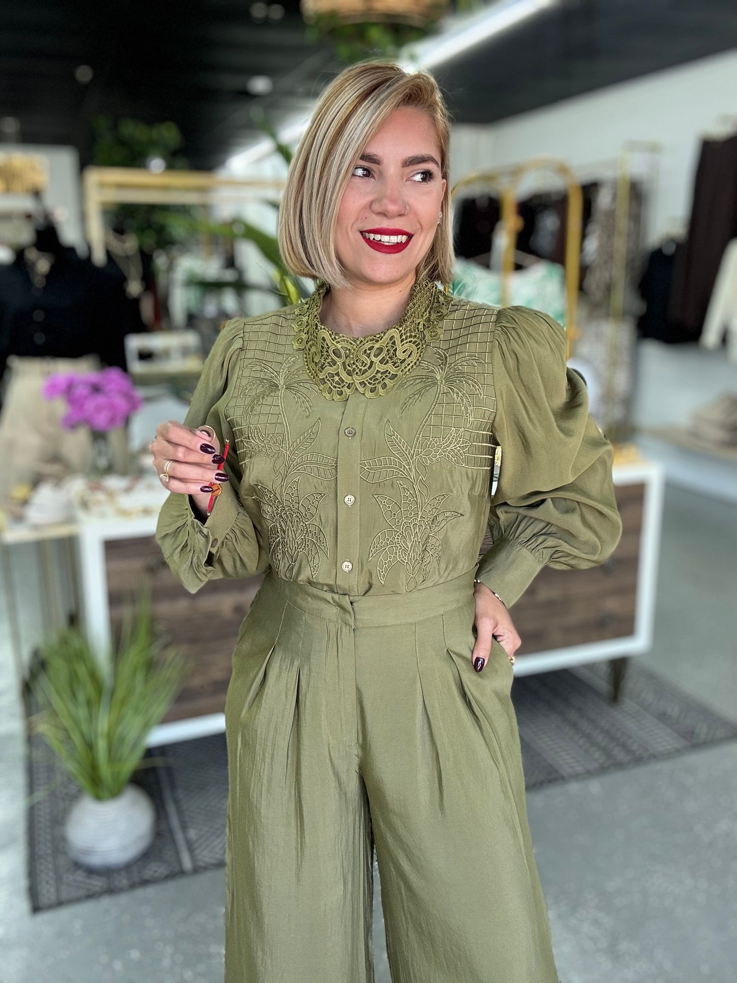 Olive green button-front blouse and wide-leg pants set, front view with lace collar