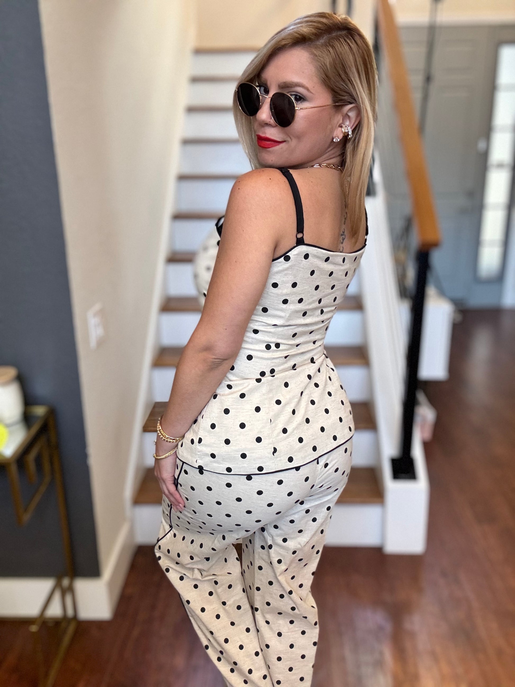 Polka dot camisole and pants set, square-neck button-front top with peplum detail