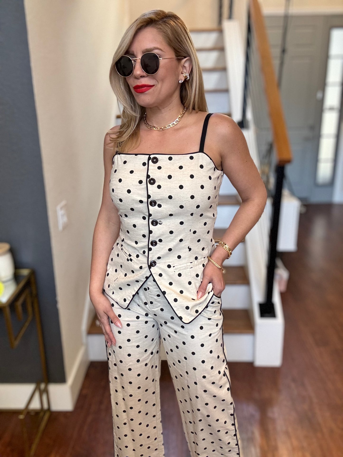 Polka dot camisole and pants set with peplum flap front and slim straight-leg trousers