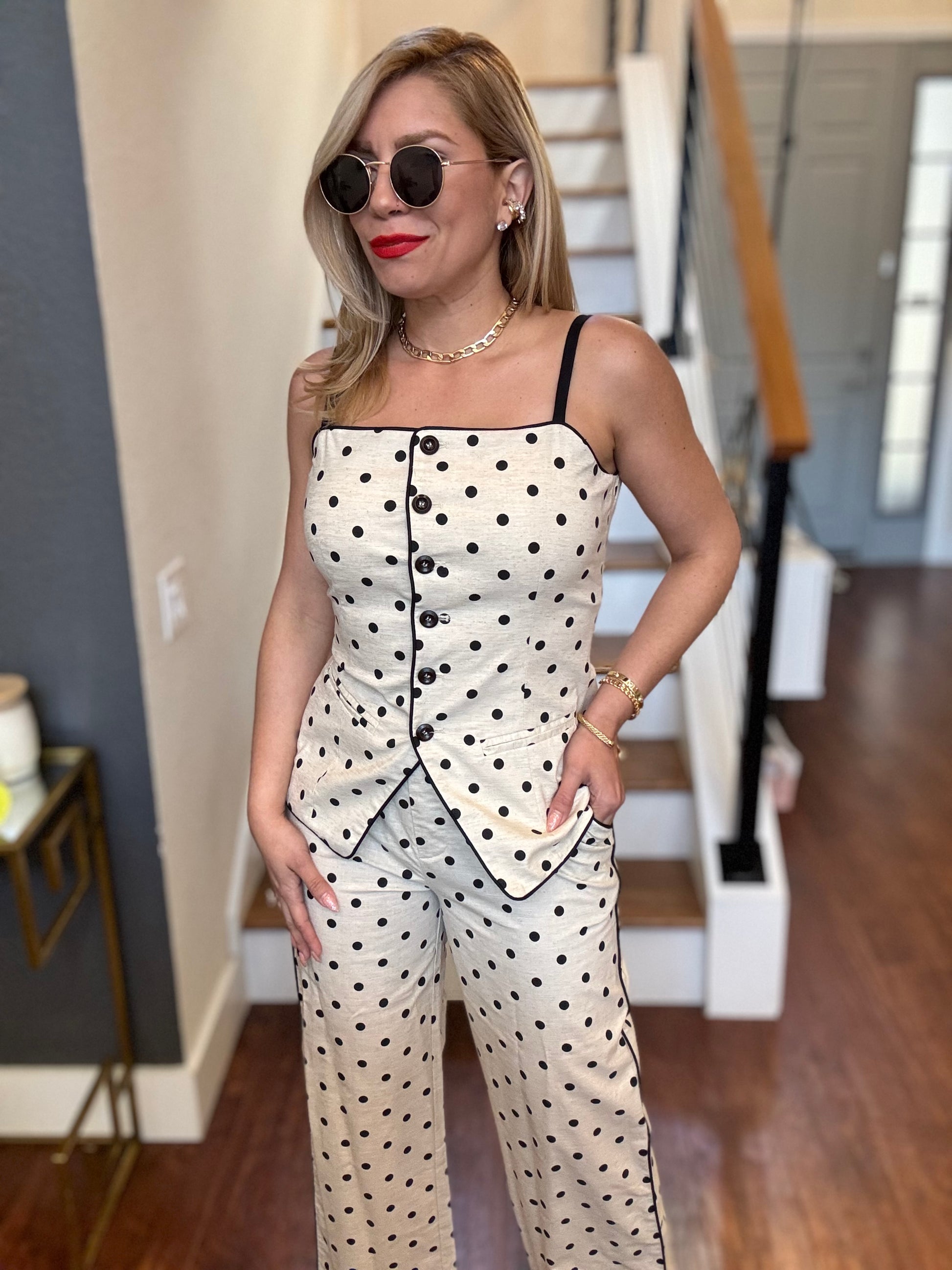 Polka dot camisole and pants set with peplum flap front and slim straight-leg trousers