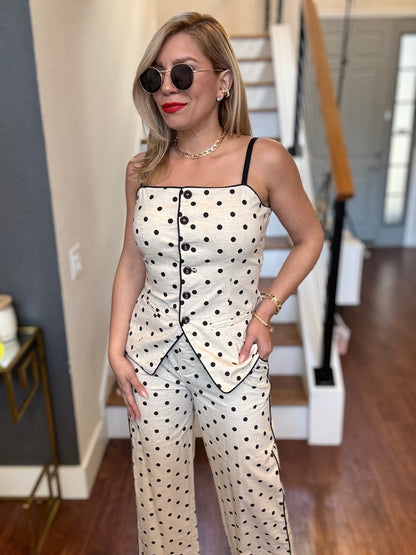 Polka dot camisole and pants set with peplum flap front and slim straight-leg trousers