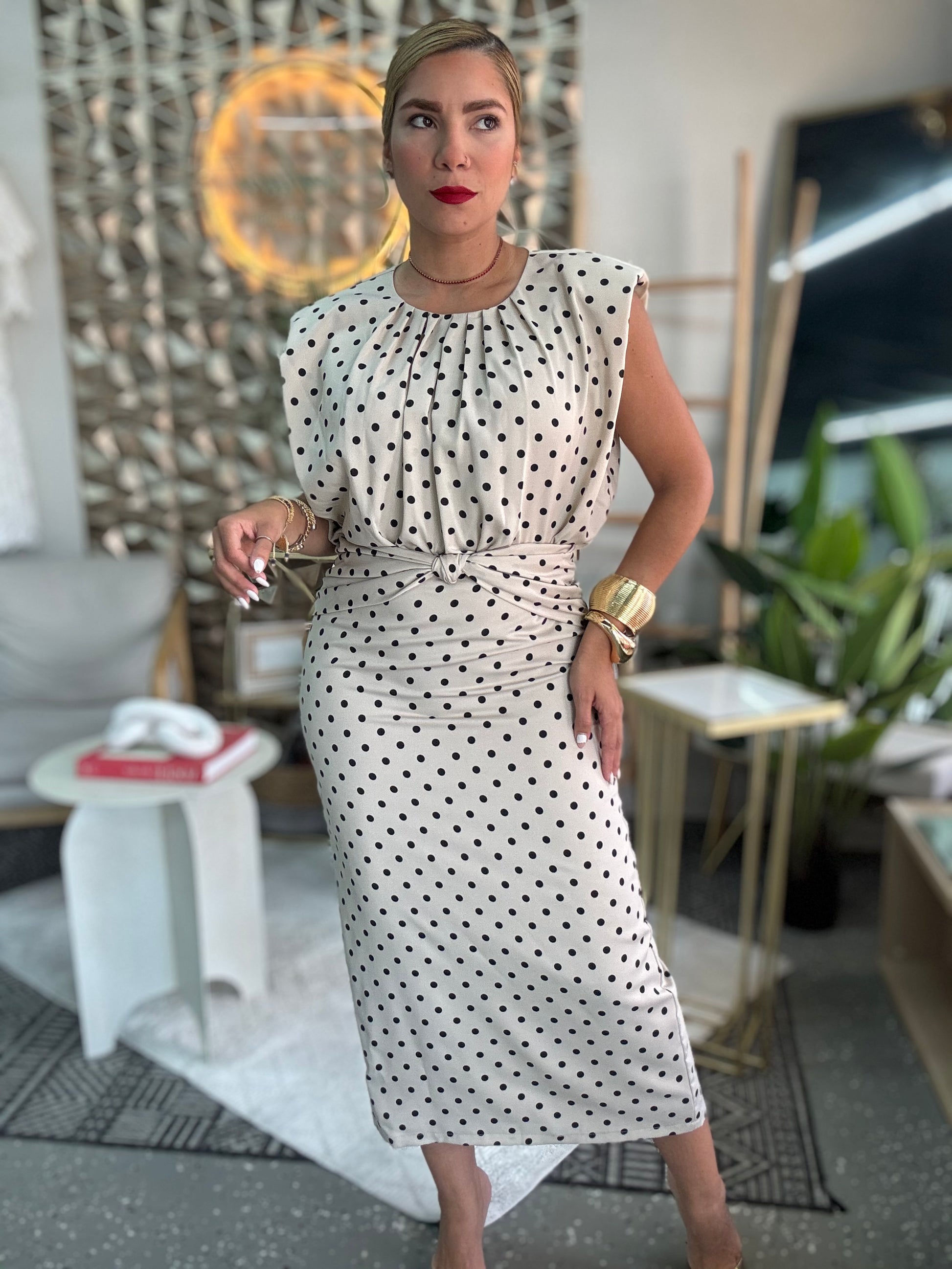 Executive set dress, sleeveless polka-dot midi with ruffled neckline and tie belt