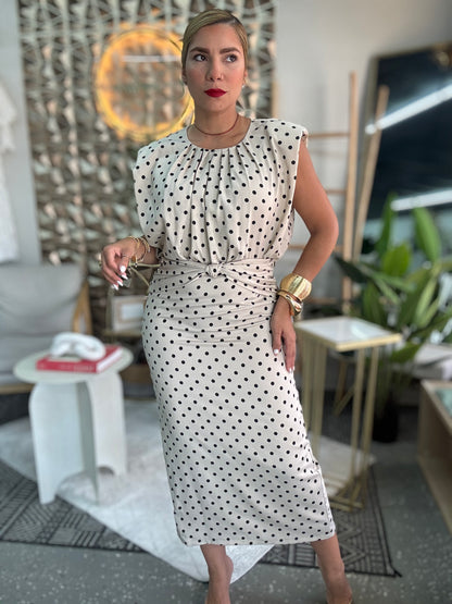 Executive set dress, sleeveless polka-dot midi with ruffled neckline and tie belt