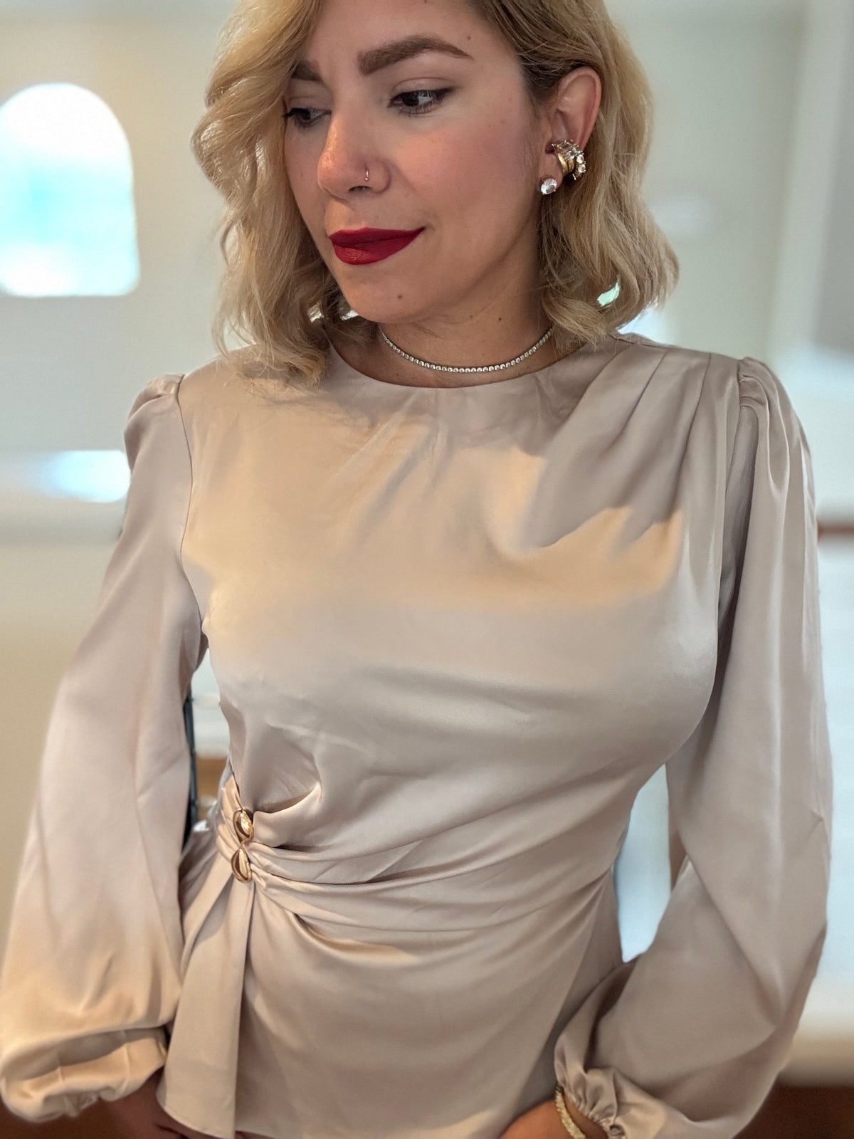 Beige satin top with puff sleeves and ruched front with waist knot detail