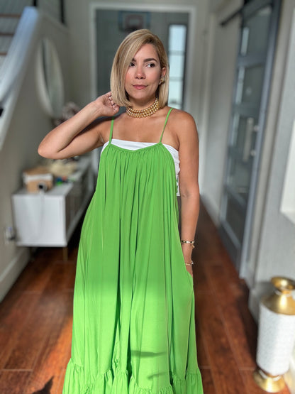Patricia green dress with spaghetti straps, smocked neckline, tiered maxi skirt
