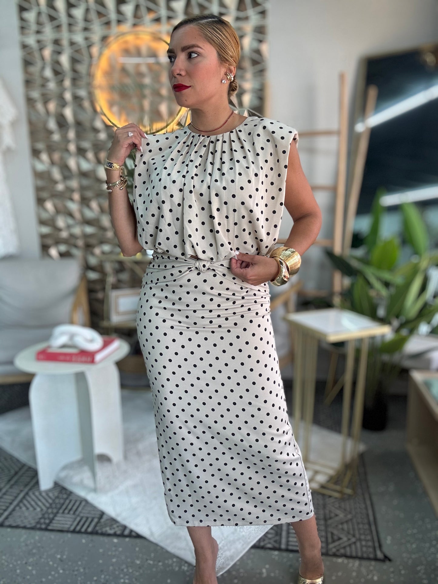 Executive set dress, polka-dot midi with tie waist, cap sleeves, and ruffle at collar