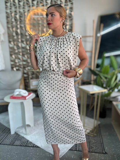 Executive set dress, polka-dot midi with tie waist, cap sleeves, and ruffle at collar