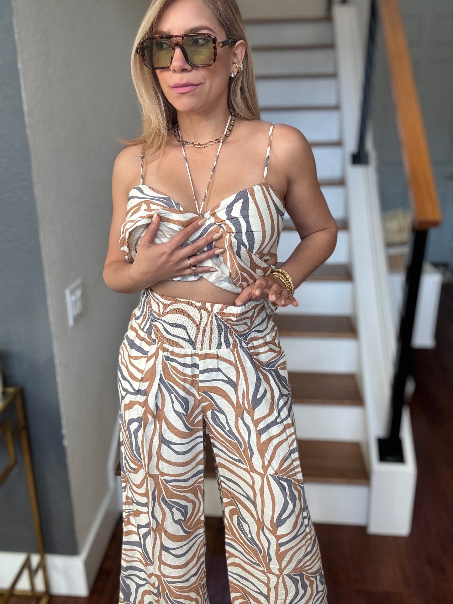 Alicia set sleeveless animal-print jumpsuit with ruched bow bust and wide-leg pants