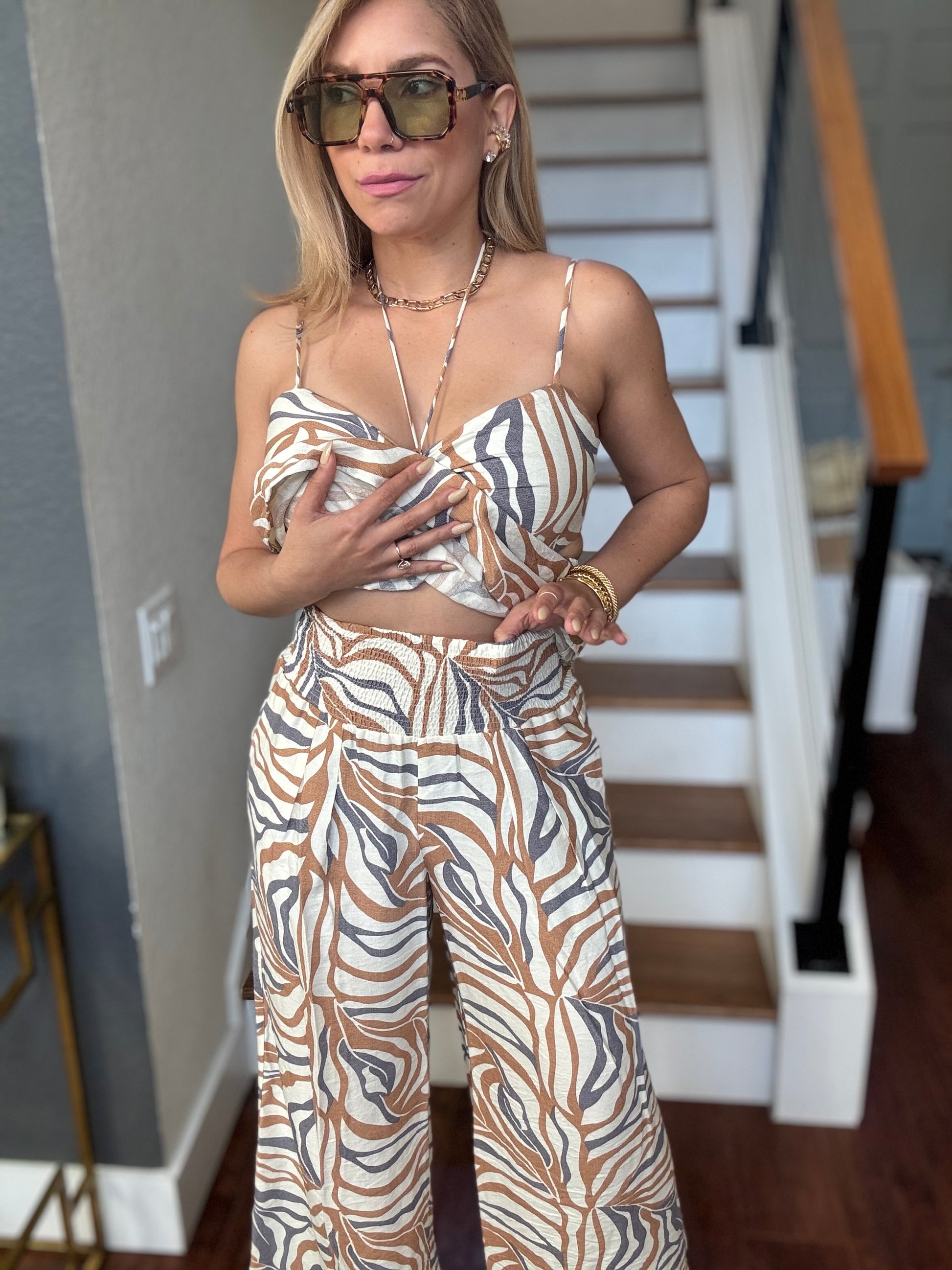 Alicia set sleeveless animal-print jumpsuit with ruched bow bust and wide-leg pants