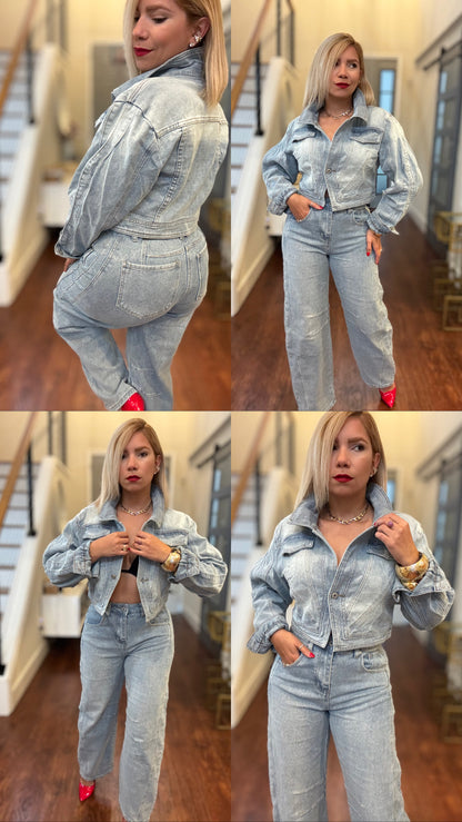 Light-wash denim jacket and jeans set, button-front jacket with flap pockets and seams