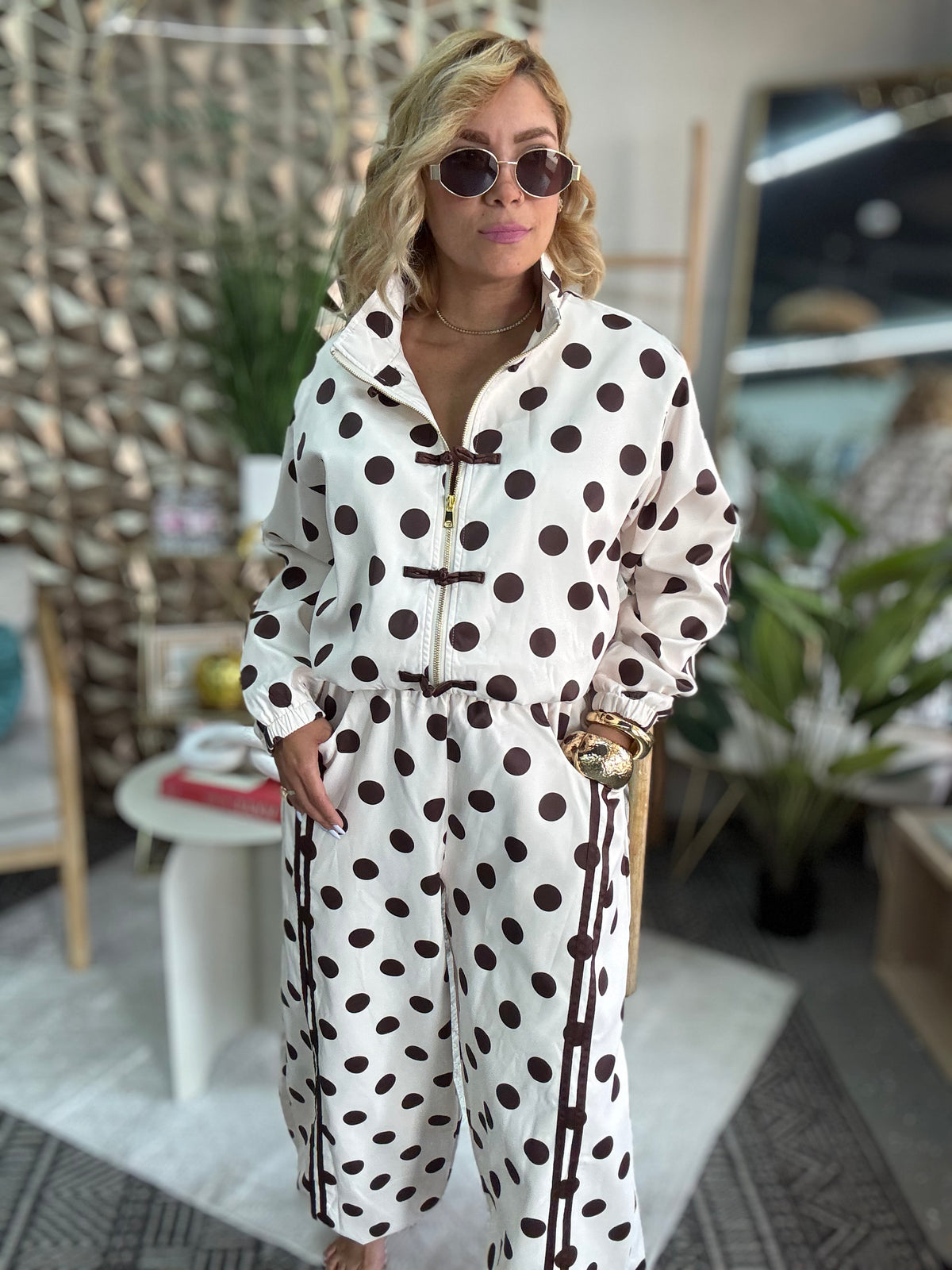 Women’s polka-dot travel set with matching jacket and wide-leg pants, white and dark dots