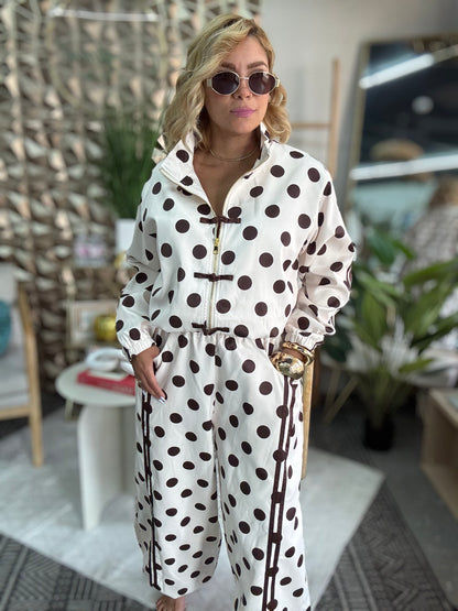 Women’s polka-dot travel set with matching jacket and wide-leg pants, white and dark dots