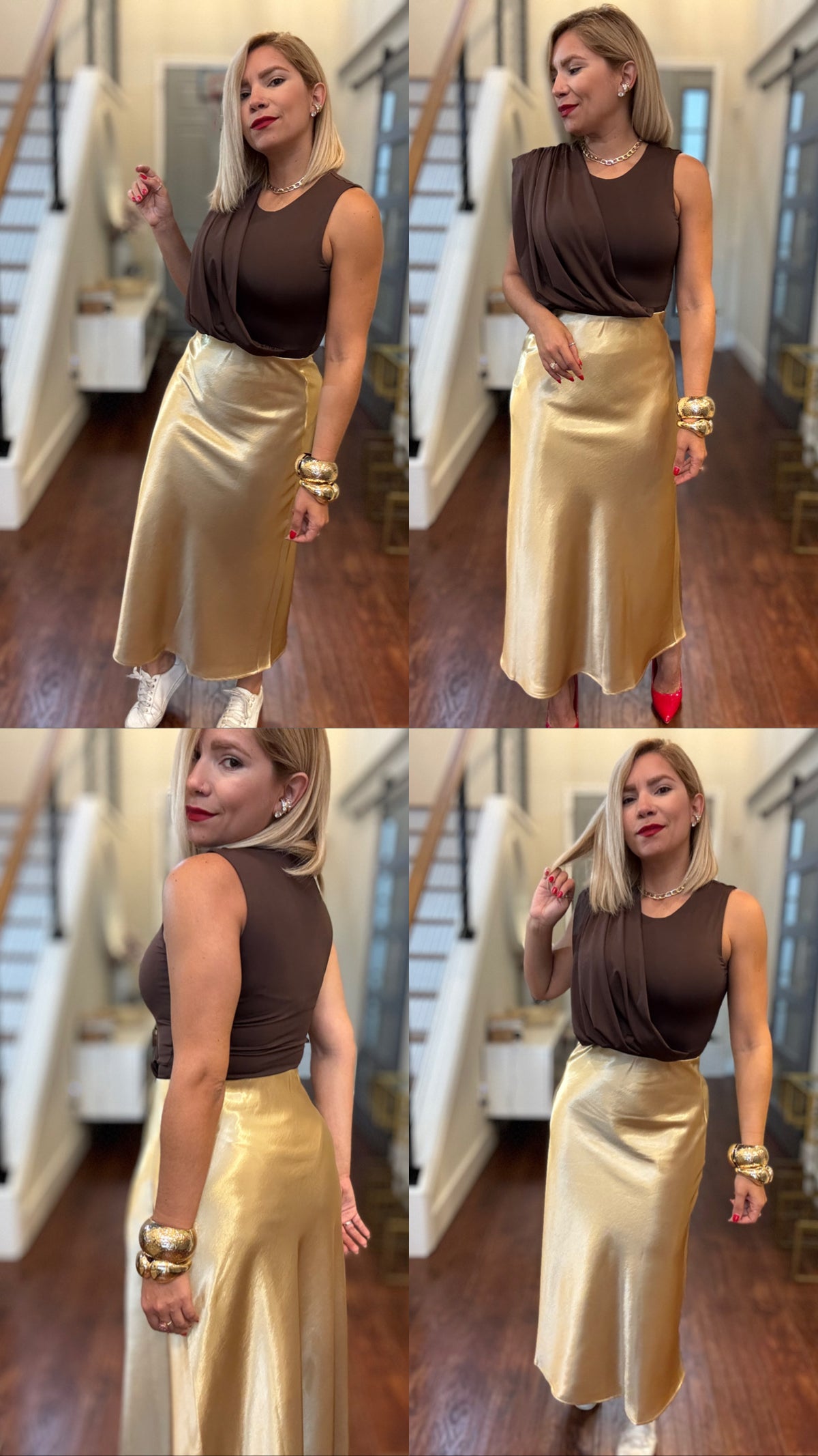 Gold satin midi skirt, front and side views showing a glossy smooth drape