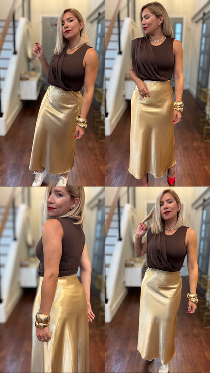 Gold satin midi skirt, front and side views showing a glossy smooth drape