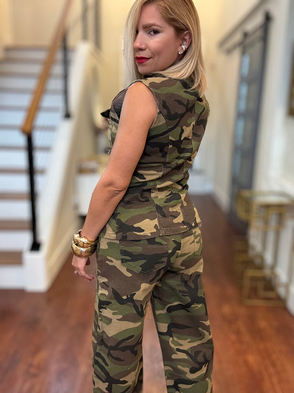 Camo vest and pants set, side view with button-front vest and cargo pockets