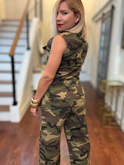 Camo vest and pants set, side view with button-front vest and cargo pockets