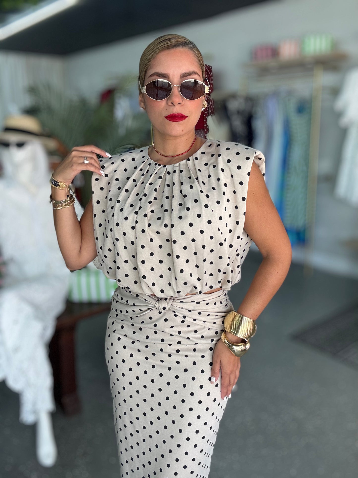 Executive set dress, sleeveless polka-dot midi with tie waist and gathered collar