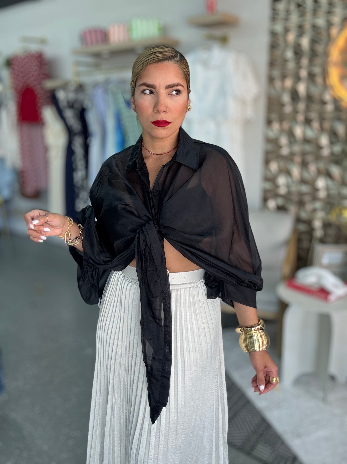Black sheer tie-front blouse top with pointed collar and long sleeves
