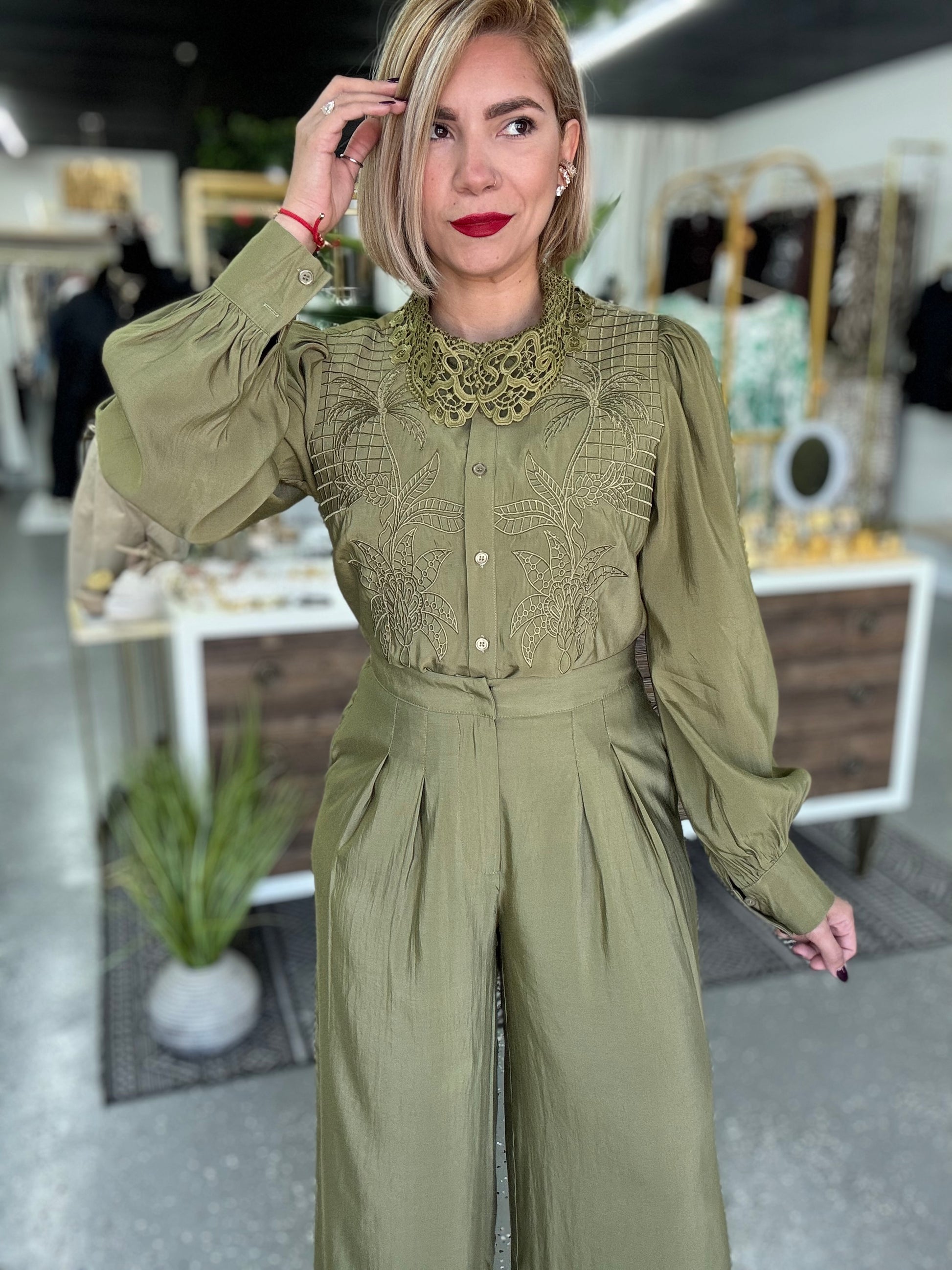Olive green lace yoke button blouse and wide-leg pants set in full front view