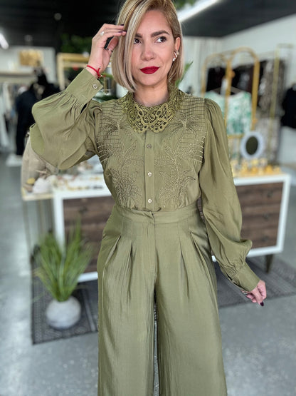 Olive green lace yoke button blouse and wide-leg pants set in full front view