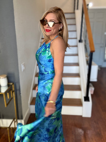 Santorini maxi dress, side view, halter sleeveless blue-green floral maxi