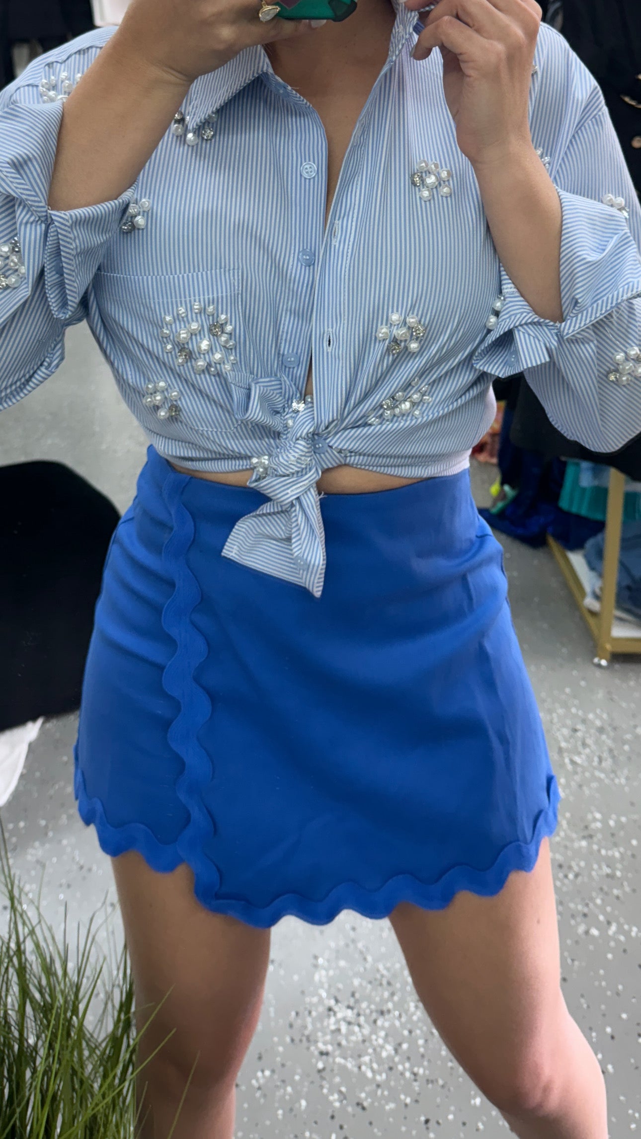 In blue skort