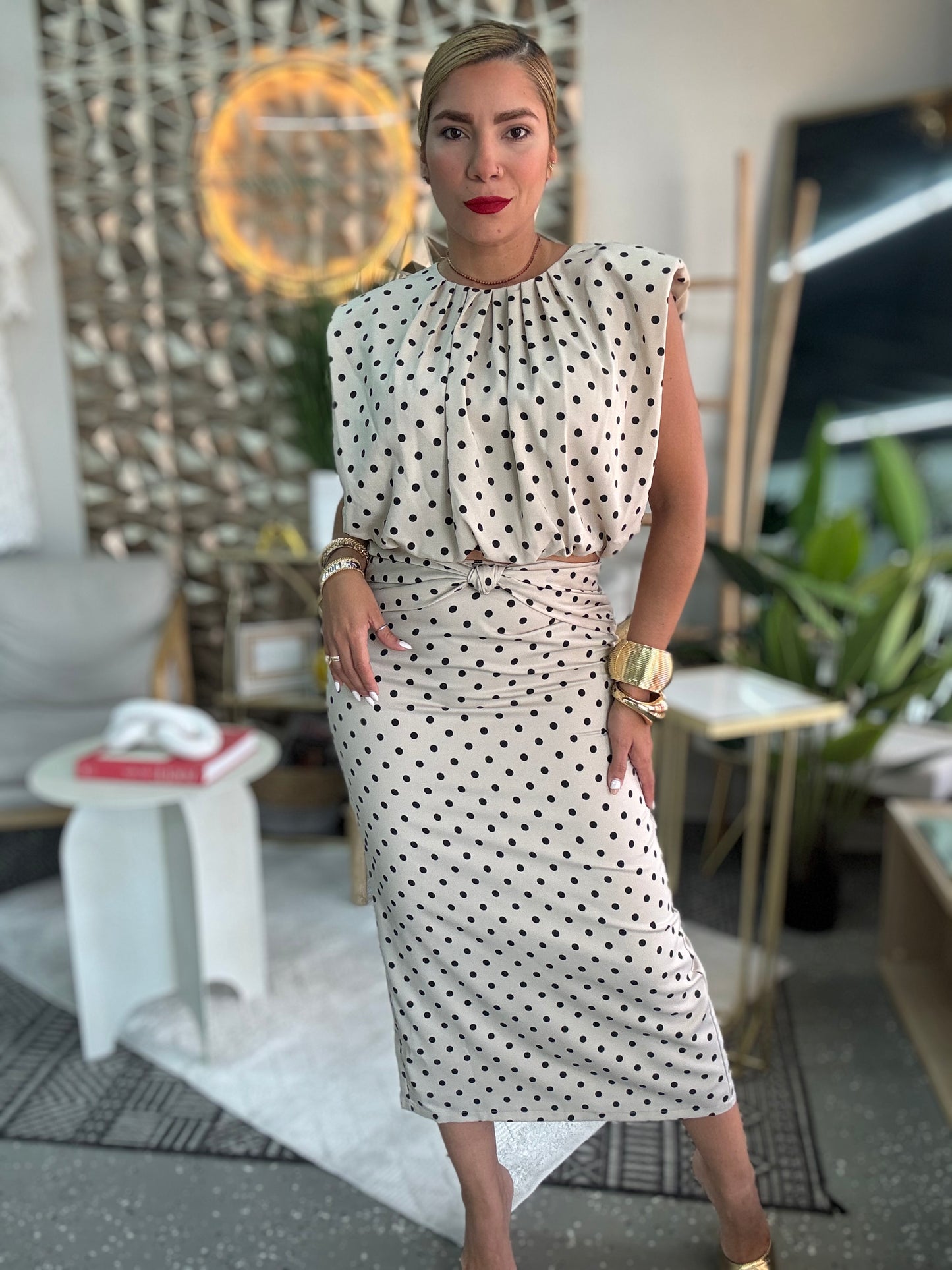 Executive set dress, sleeveless polka-dot midi with tie waist and gathered shoulders