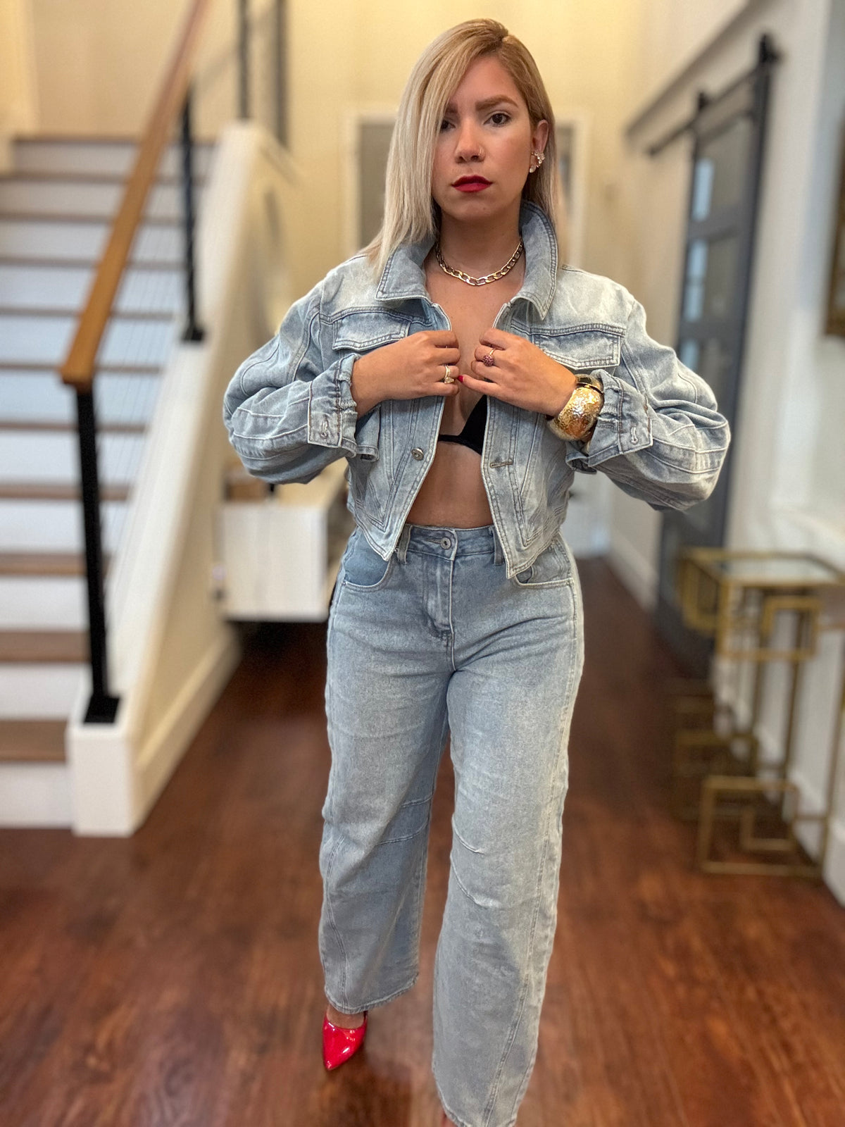 Light-wash denim jacket and jeans set with button front and chest flap pockets