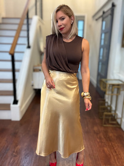 Gold satin midi skirt in a flowing drape with mid-calf hem