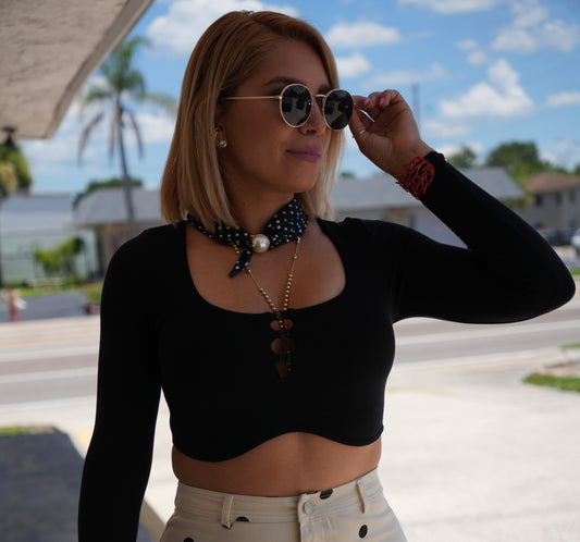 Black fitted long-sleeve crop top with scoop neckline