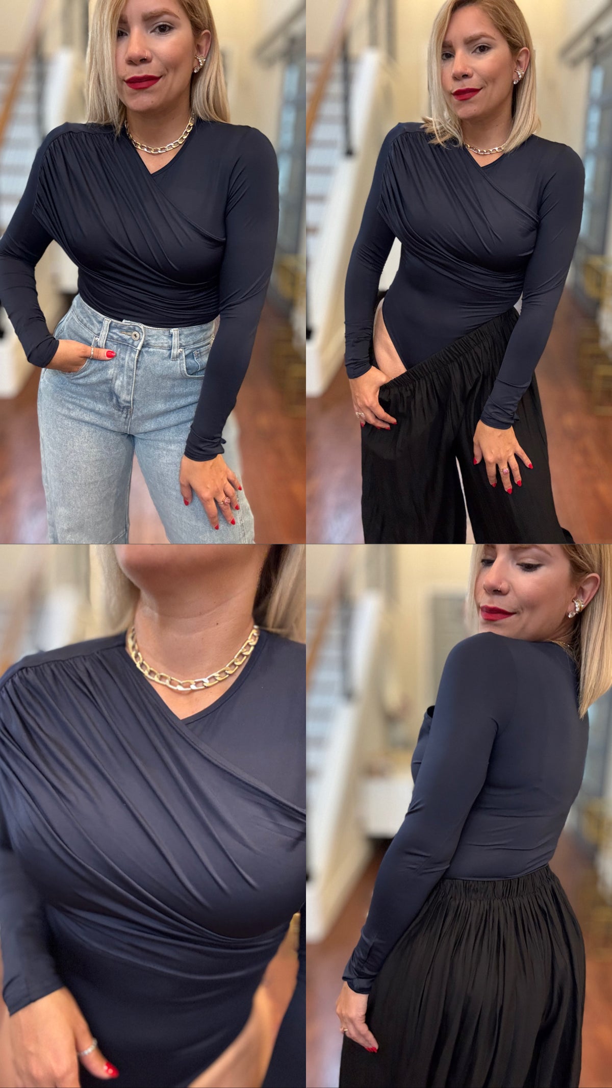 Dark blue long-sleeve bodysuit with wrap V-neck and ruched front, shown from multiple angles