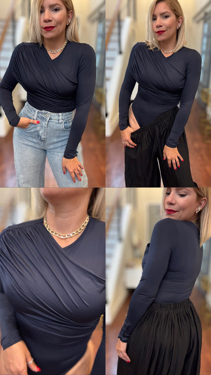Dark blue long-sleeve bodysuit with wrap V-neck and ruched front, shown from multiple angles