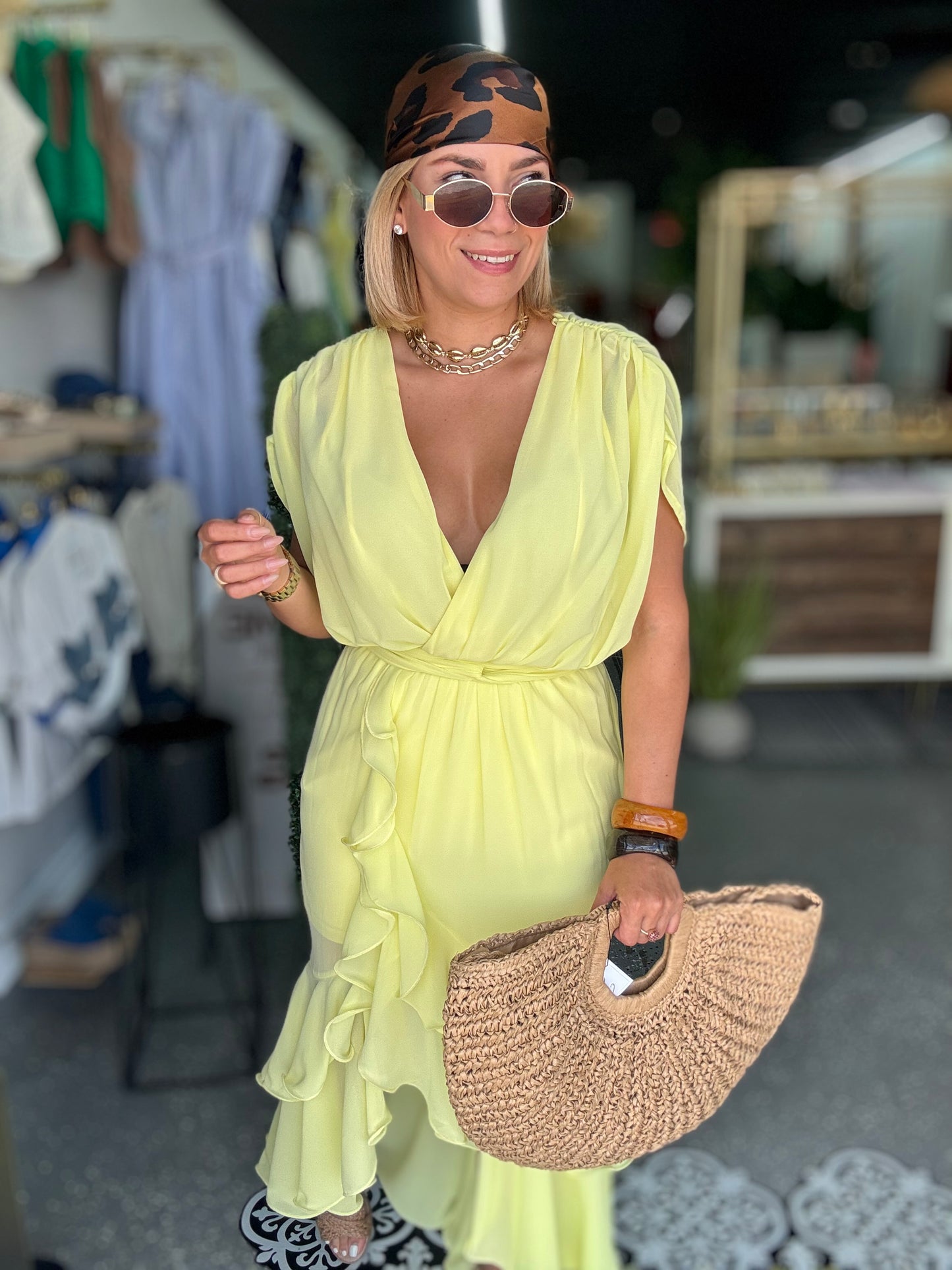 Yellow V-neck ruffle dress with gathered waist and short sleeves