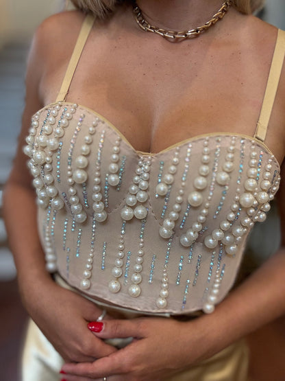 Pearl-beaded heart bustier with dangling bead fringe and thin spaghetti straps, nude base