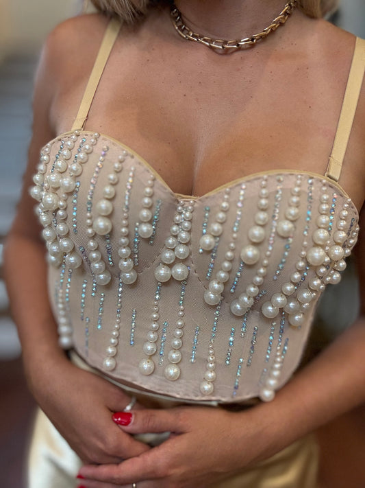 Pearl-beaded heart bustier with dangling bead fringe and thin spaghetti straps, nude base
