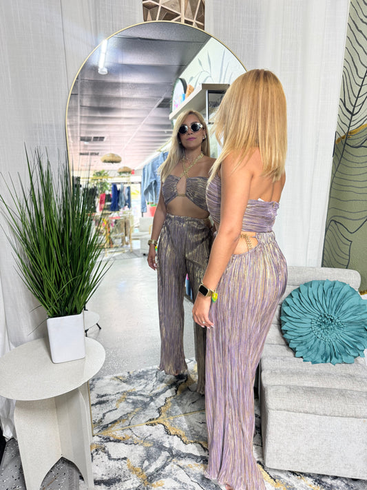 Two-piece crop top and wide-leg pants set, metallic purple striped, back view
