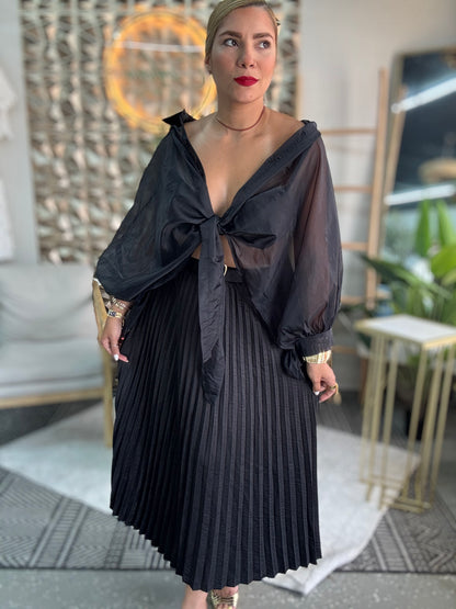 Luxury top, dark pleated body with puff sleeves and tied hood at chest