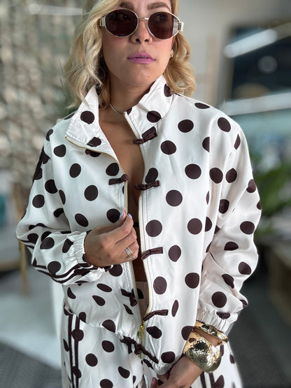 Women’s polka-dot travel set jacket with toggle trim and long sleeves, white/dark dots