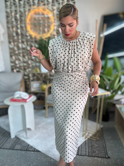 Executive set dress, sleeveless white polka-dot midi with tie waist and high neck