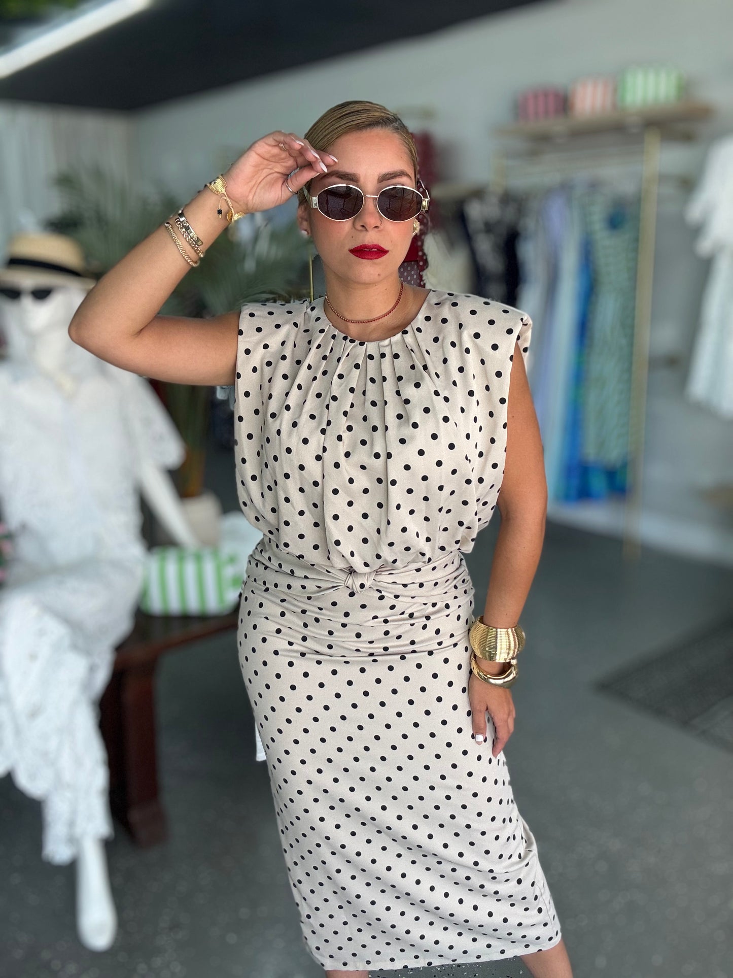 Executive set dress, sleeveless polka-dot midi with ruffled neckline and tie belt