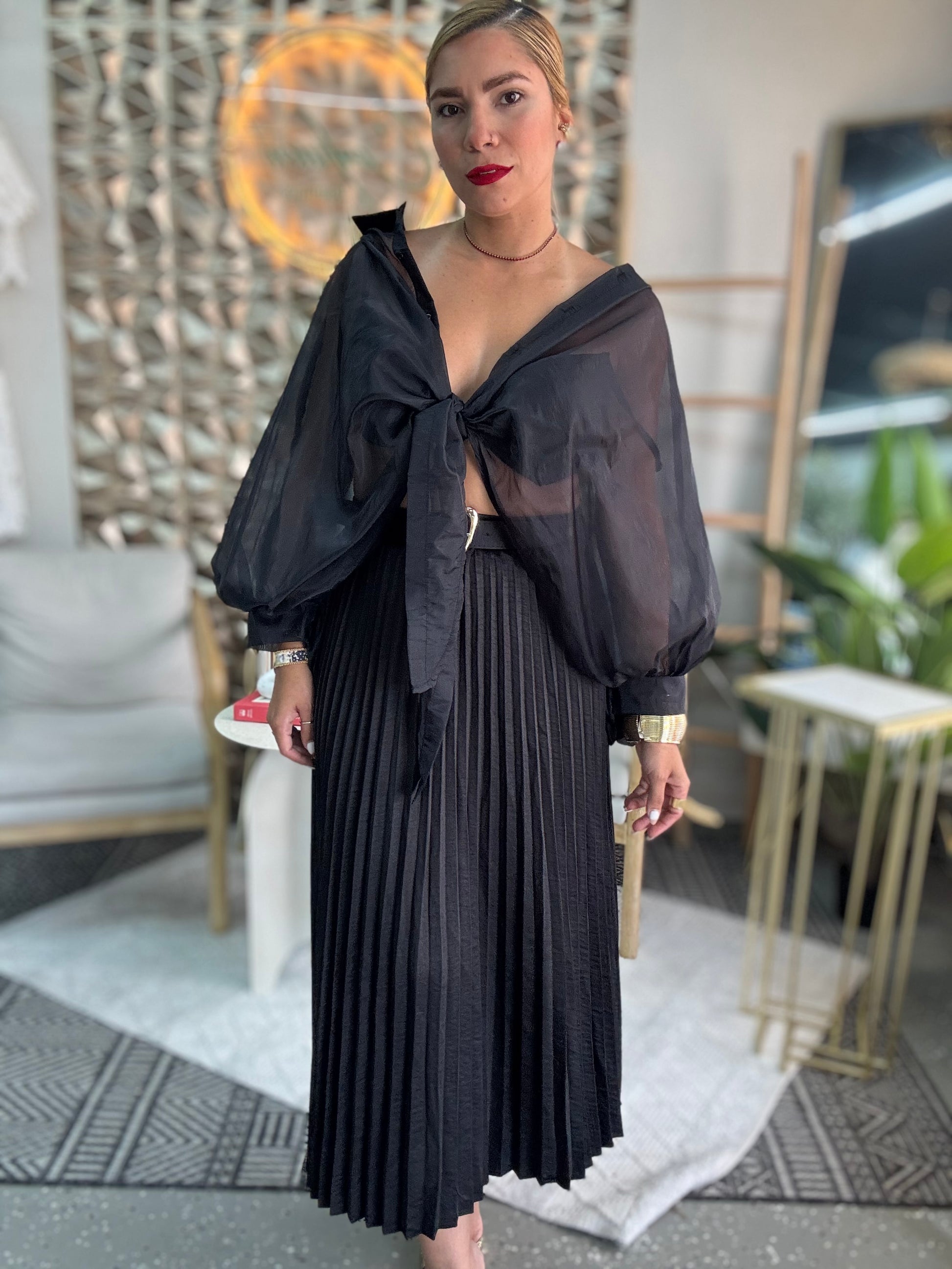 Luxury top in dark fabric, hooded with bow-tie neckline and pleated front