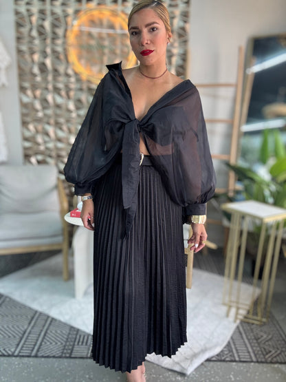 Luxury top in dark fabric, hooded with bow-tie neckline and pleated front