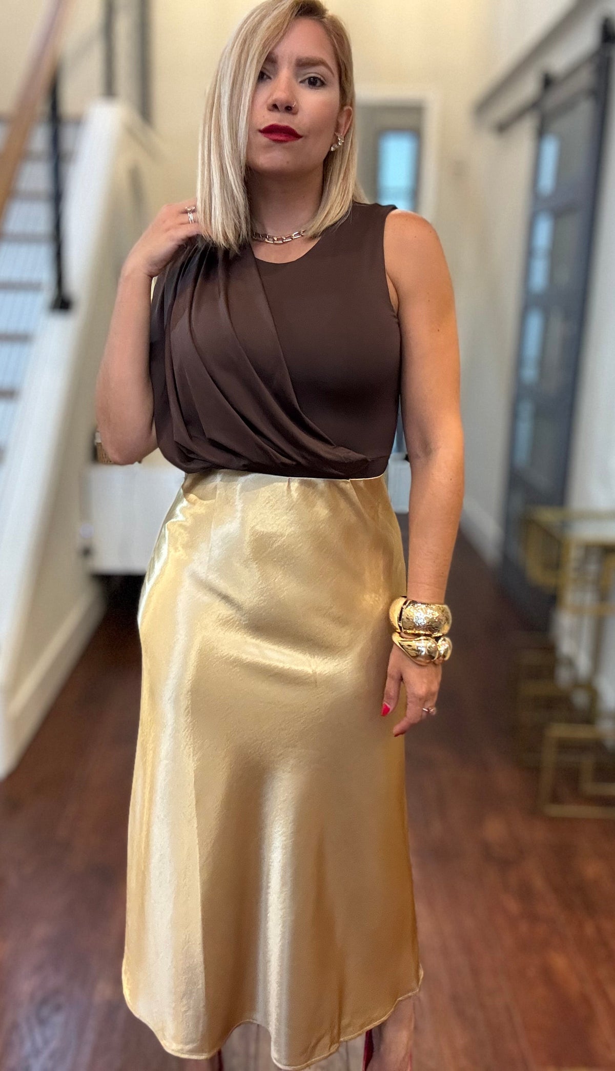 Gold satin midi skirt draped straight with a subtle A-line hem