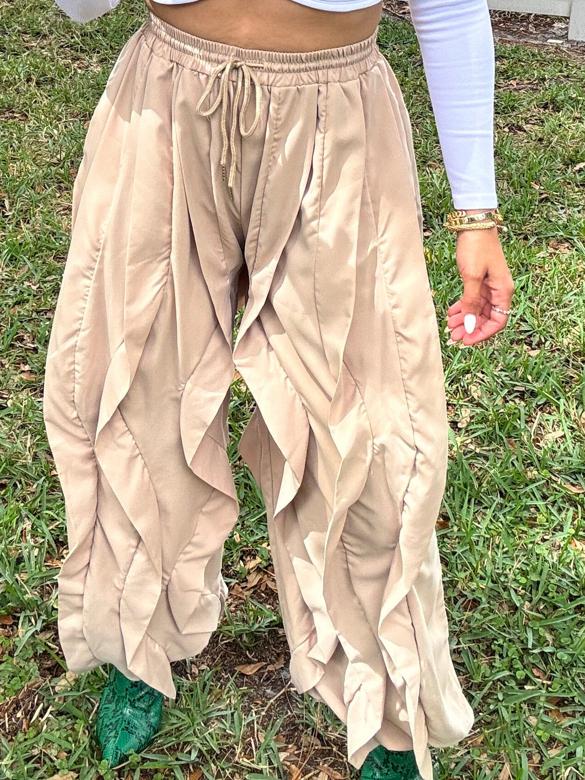 Dunas pant in light tan with elastic drawstring waist and layered ruffle panels