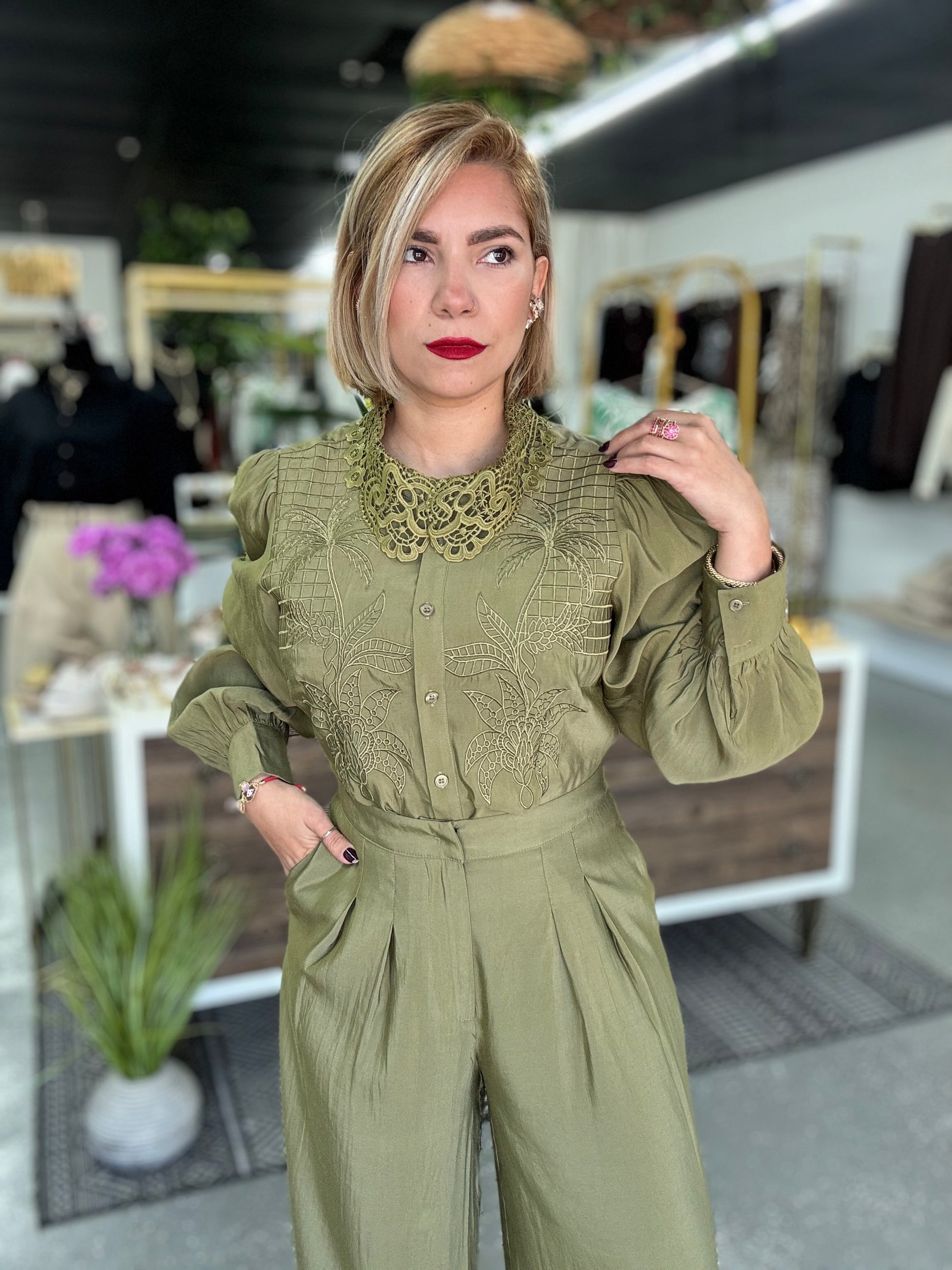 New York set: olive lace-trim blouse with puff sleeves and matching pants