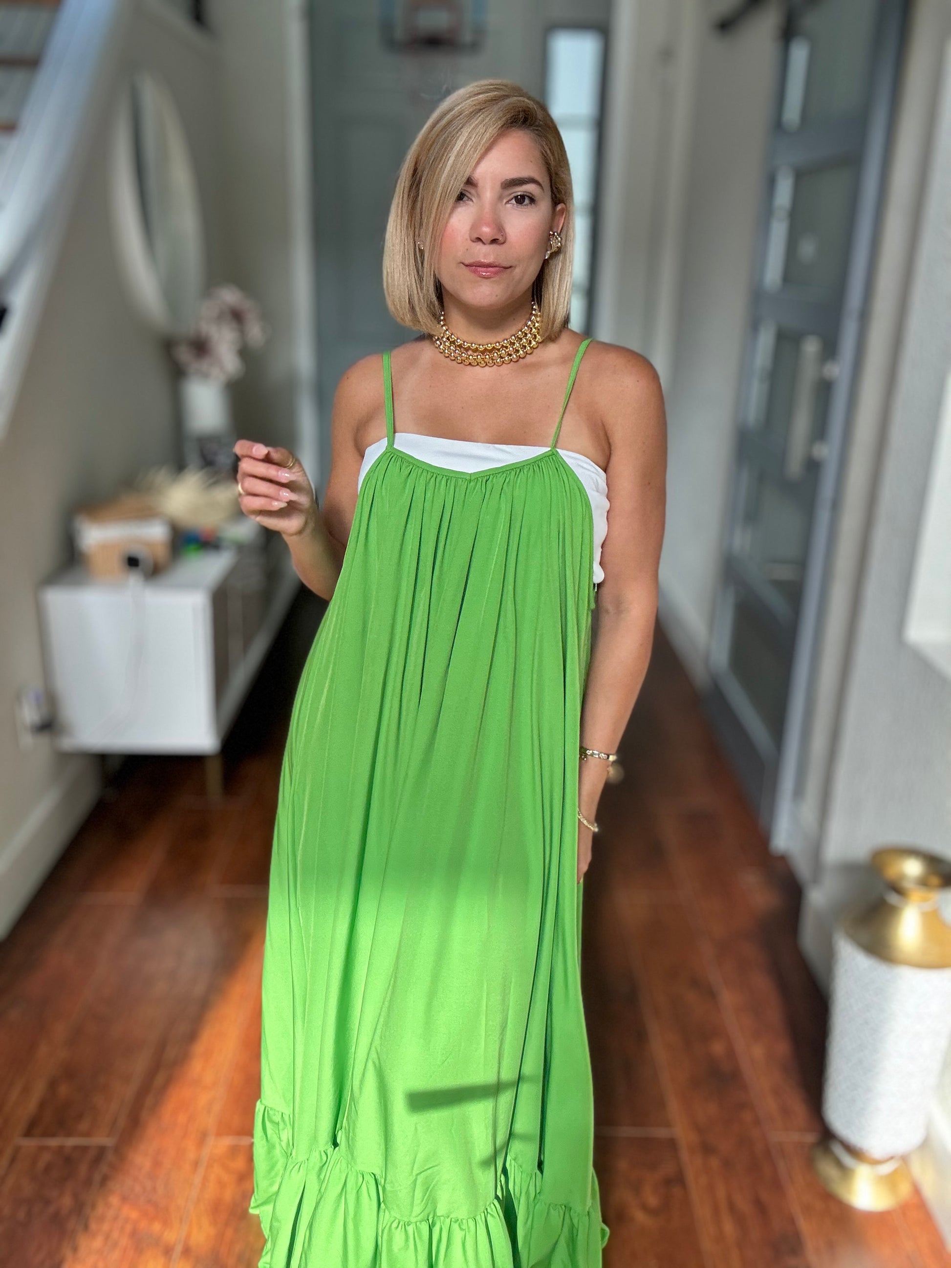 Patricia green dress with spaghetti straps, smocked bodice, gold chain belt