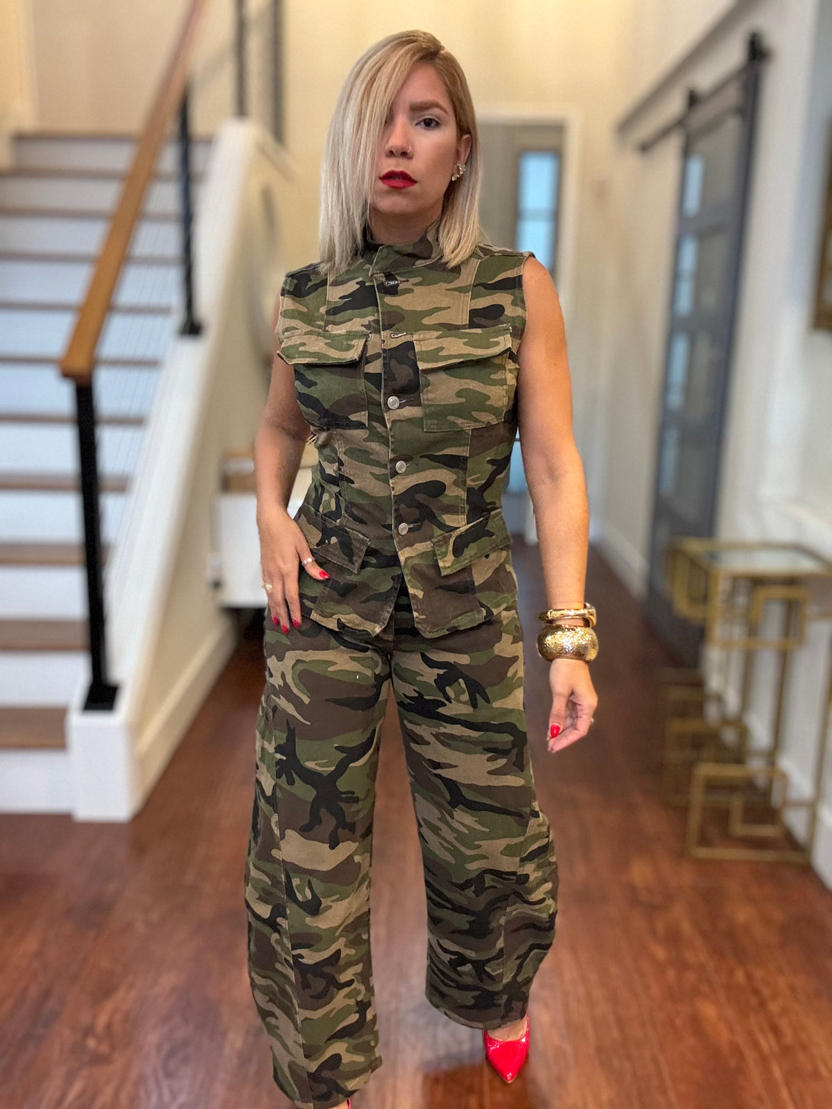 Camo vest and pants set, full front view with sleeveless button-front vest