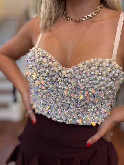 Sweetheart nude bustier with iridescent bead and pearl embellishment