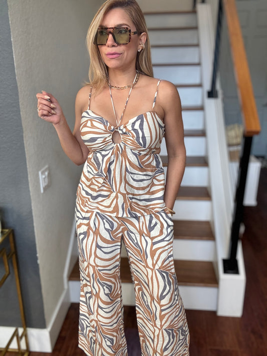 Alicia set sleeveless animal-print jumpsuit with bow-front neckline and wide-leg pants